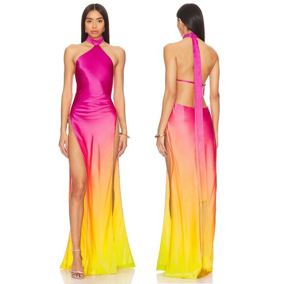 Retrofete Jagger Halter Silk Dress Satin Formal Party Gala Pink Lime Ombre Small - Picture 1 of 14